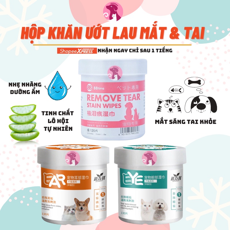 [1hộp 120 tờ] Khăn lau mắt chó mèo (Chính hãng) (Khăn ướt lau mắt, tai, mặt cho chó mèo)
