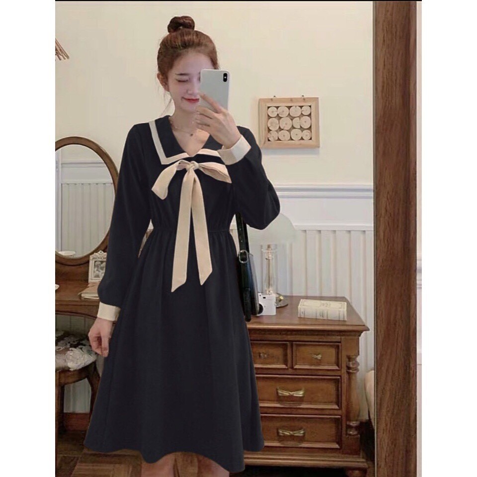 (New) VÁY MAXI NỮ THẮT NƠ PHỐI TAY Ulzzang - ĐẦM POLO CỔ BẺ THỦY THỦ TRẮNG ĐEN