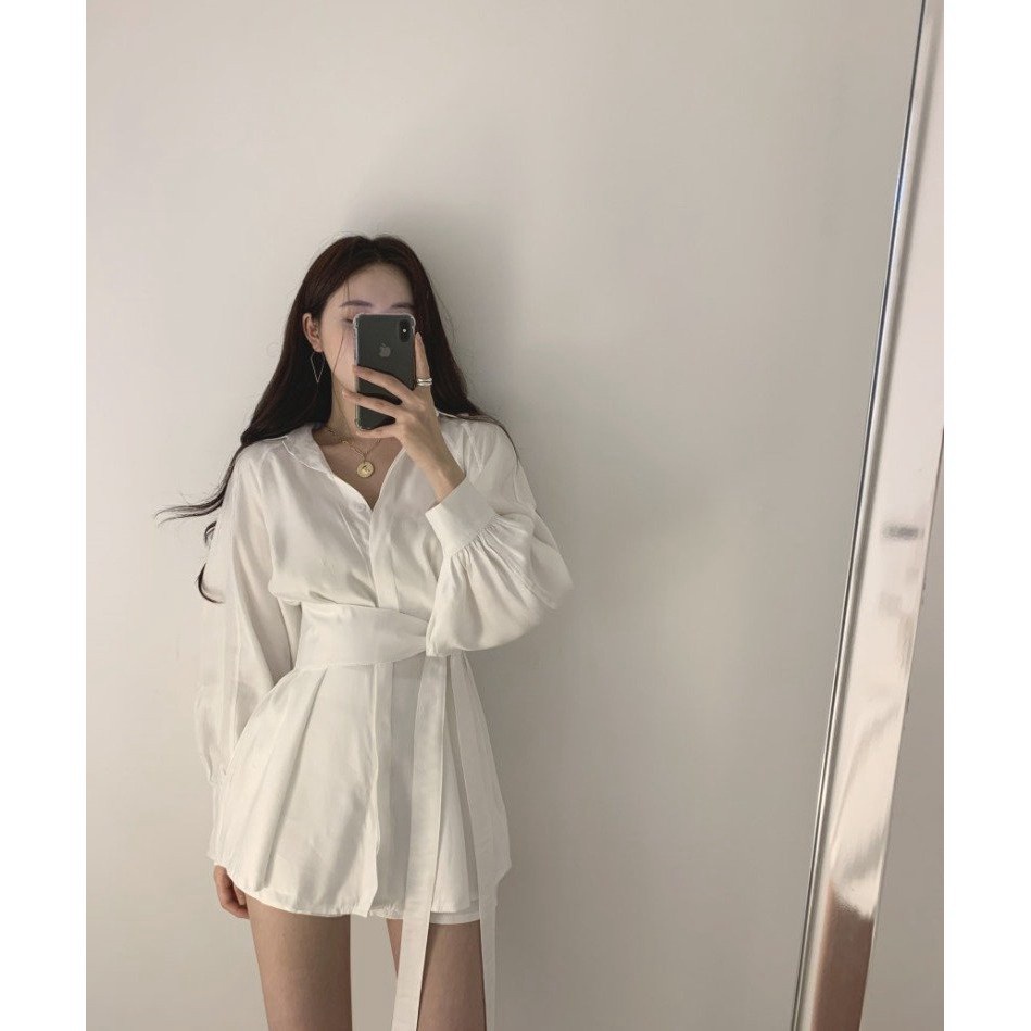 Set áo sơ mi kèm quần đùi dây đan eo/ Set váy sơ mi 2 màu basic | BigBuy360 - bigbuy360.vn