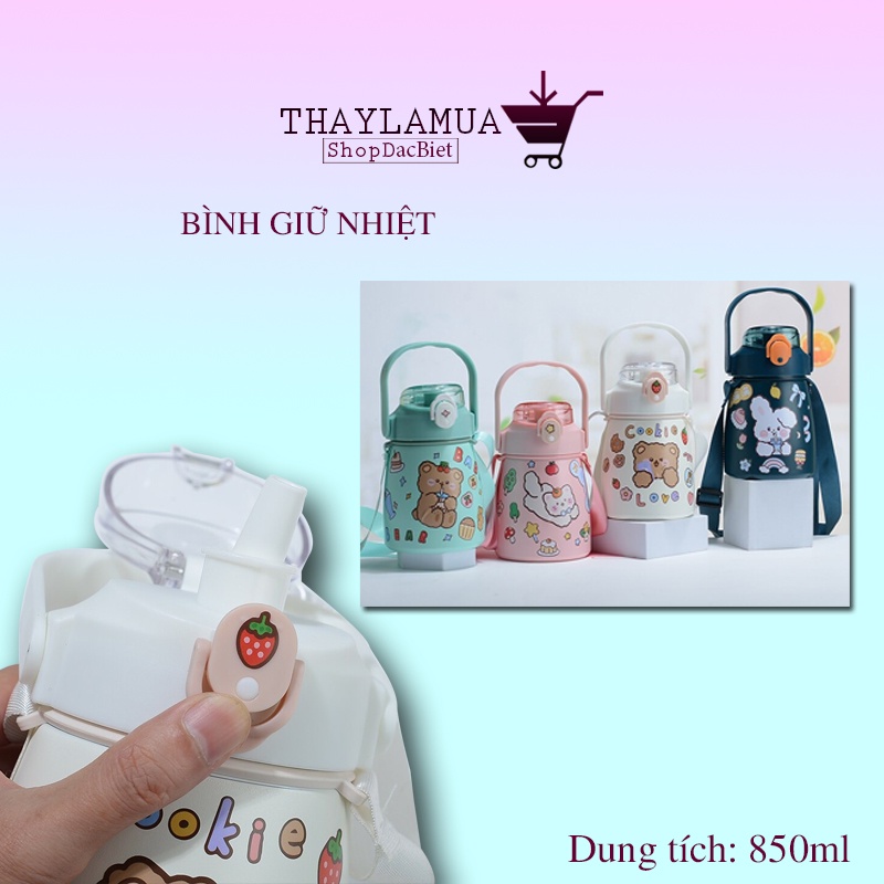 Bình đựng nước giữ nhiệt 850ml có ống hút và dây đeo cực cute