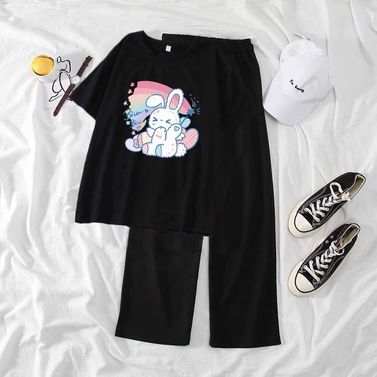 Sét Áo Thỏ cầu vồng + qần suông trơn, Áo thun from rộng, Chất đẹp không xù, quần suông ống rộng, Sét bộ mặc ở nhà - MODY