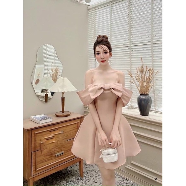 MS1298V ĐẦM XOÈ RỚT VAI NƠ full size S/M/L/XL