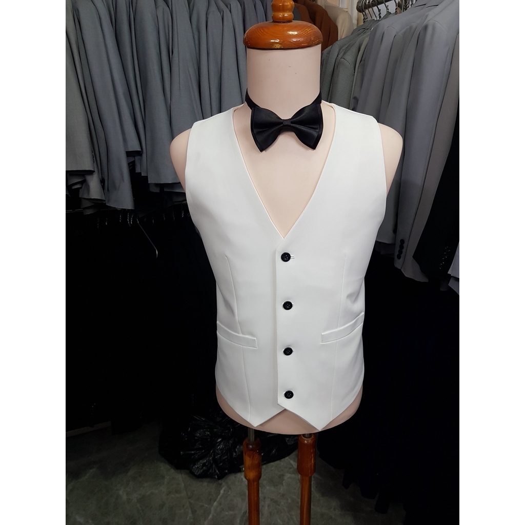 Áo gile nam form ôm body màu trắng tặng nơ đen