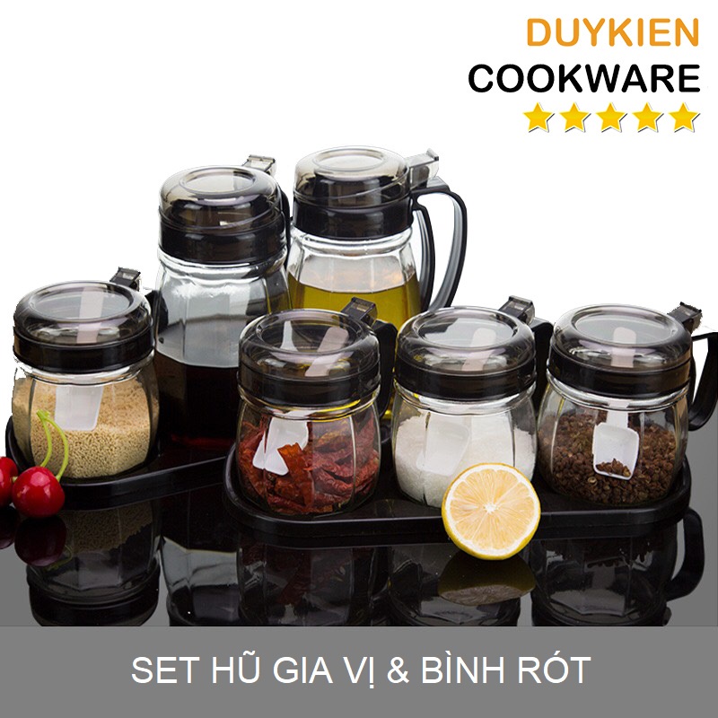 Set Hũ Gia Vị, Lọ Đựng Gia Vị Bằng Thủy Tinh Có Bình Đựng Nước Tương, Dầu Ăn Kèm Thìa Múc, Có Nắp Đậy [3 màu lựa chọn]