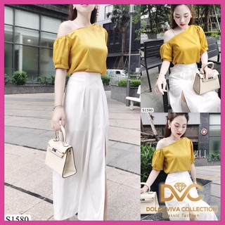 FREESHIP ⚡ Đầm Váy Đẹp Thiết Kế DVC 👗 Sét áo trễ vai vàng chân váy trắng trơn S1580