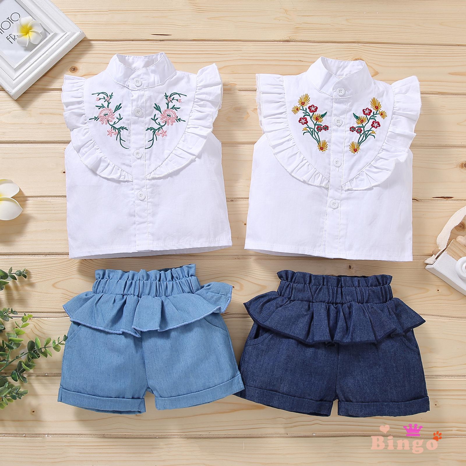 Set Áo Sơ Mi Thêu Hoa + Quần Short Jeans Đáng Yêu Cho Bé Gái