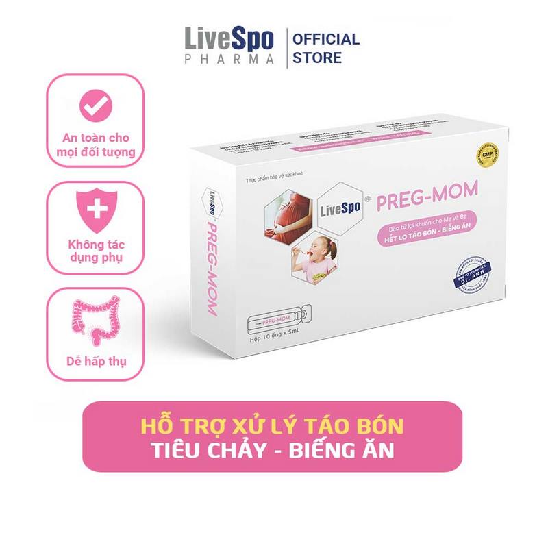 Men vi sinh cho Bé Táo Bón, Biếng Ăn, Rối Loạn Tiêu Hóa - LiveSpo PREGMOM 3 tỷ bào tử lợi khuẩn - Hộp 20 ống x 5ml