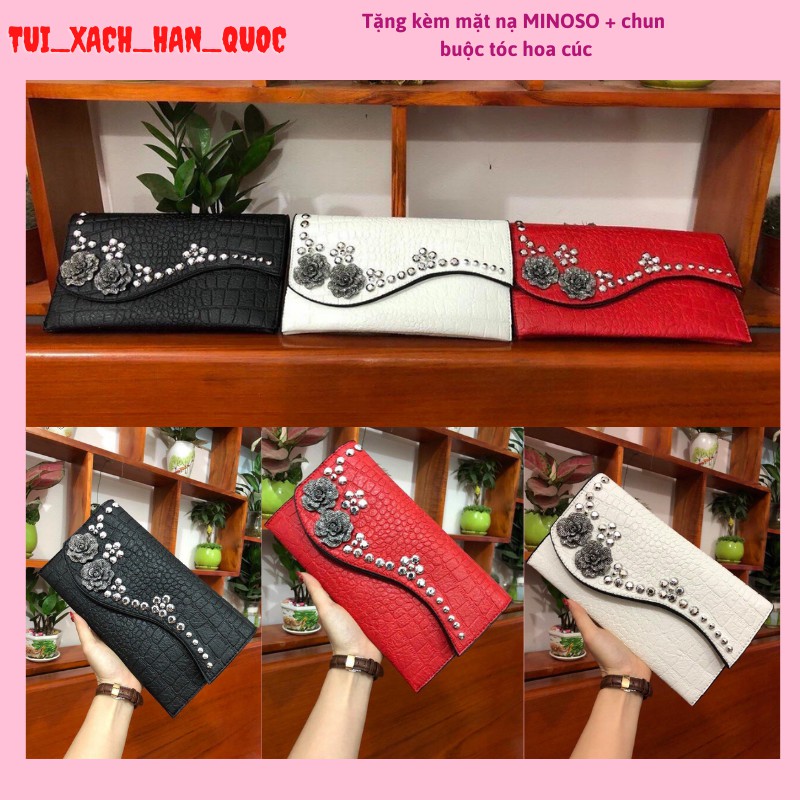 Ví Nữ Đẹp ♥️ FREESHIP ♥️ Ví Cluth 2 Dây Cầm Tay Da Mềm Đính Hoa Đá Lượn Sóng HQ 03