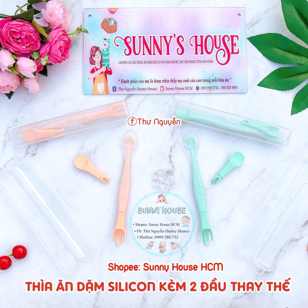 Thìa nĩa silicon 3 đầu cho bé ăn dặm (Muỗng tập xúc kèm đầu thay thế)