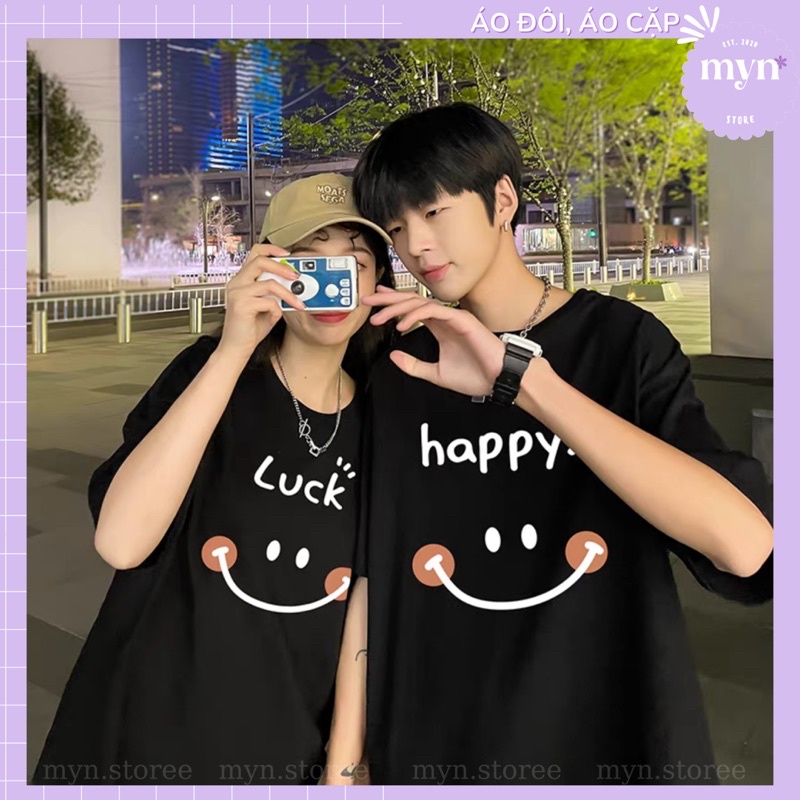 Áo Thun Tay Lỡ Nam Nữ In Chữ Luck - Happy , Áo Đôi Phông Form Rộng Unisex