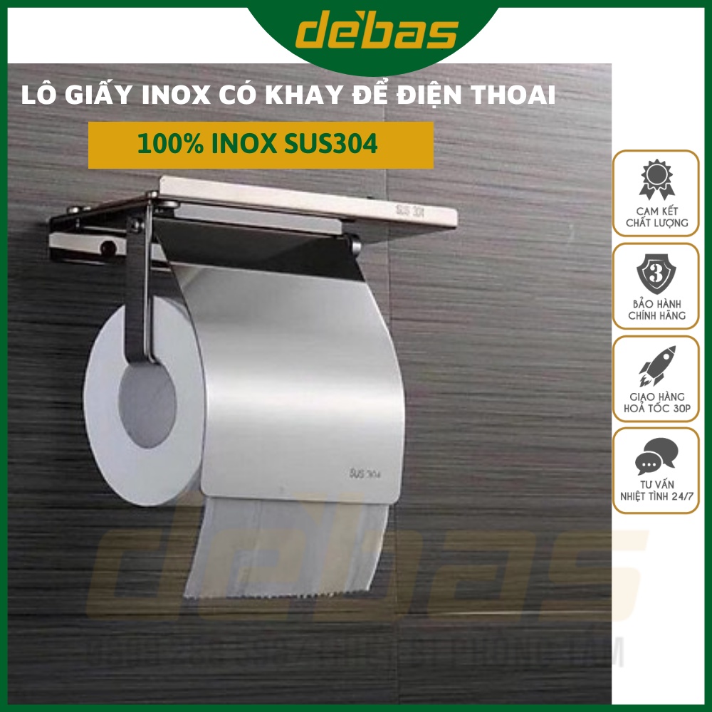 Hộp đựng giấy vệ sinh lô giấy có khay để điện thoại gắn tường inox 304 tròn cuộn nhỏ nhà tắm Debas K59