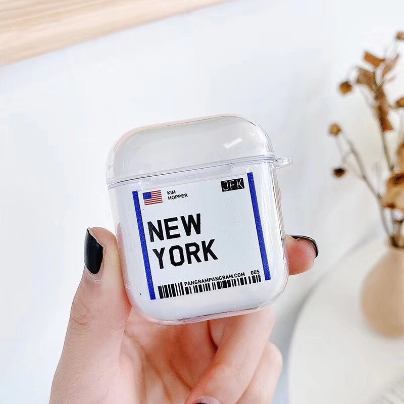 Vỏ TPU trong suốt họa tiết vé tàu NewYork / Paris / London cho hộp tai nghe AirPods