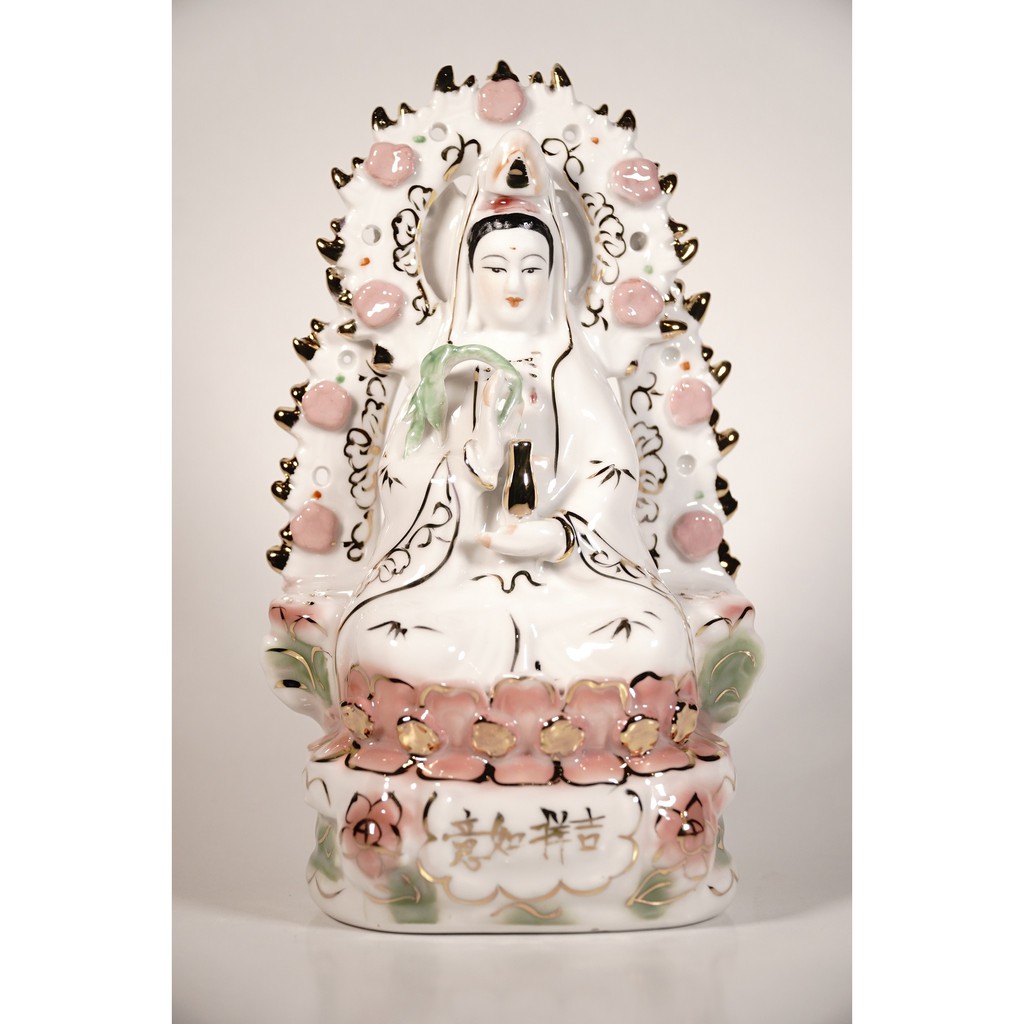 Tượng Phật Bà Quan Âm Bồ Tát gốm sứ ngồi tòa sen hào quang cao cấp - Cao 20cm