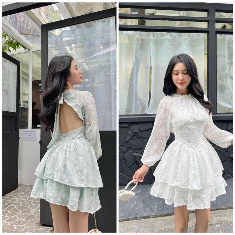 Đầm xoè vol thêu hở lưng tay dài trắng - xanh