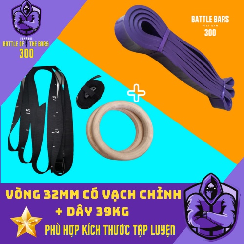 Combo Rings gỗ Bạch Dương 32mm và Dây trợ lực cao su thiên nhiên 39kg (Dây TÍM)