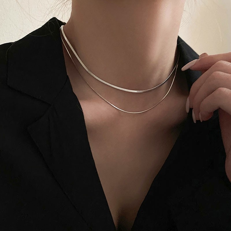 Set 2 vòng cổ bạc sterling đơn giản sang trọng thời trang Hàn Quốc