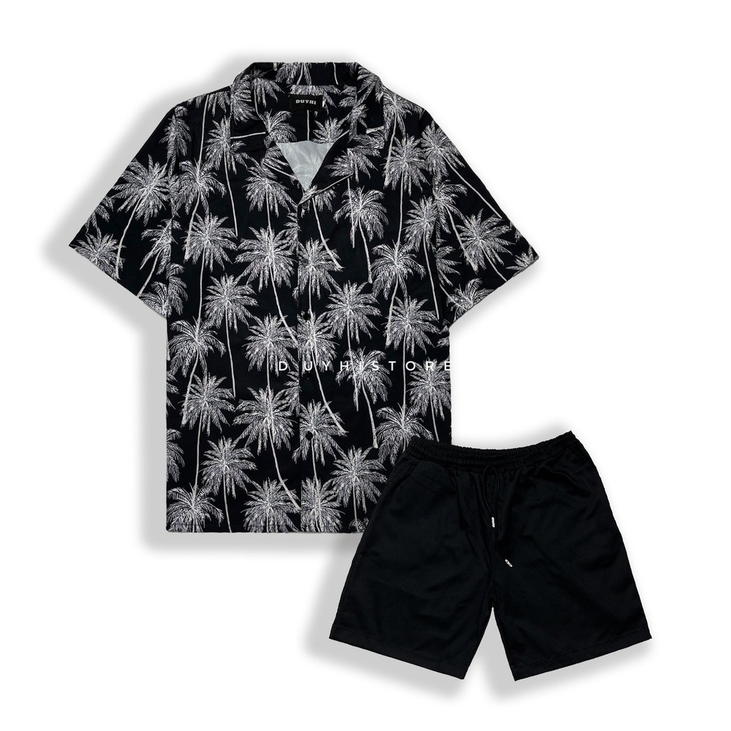 Áo sơ mi cộc tay unisex form rộng họa tiết DỪA ĐEN cho nam nữ | DUYHI