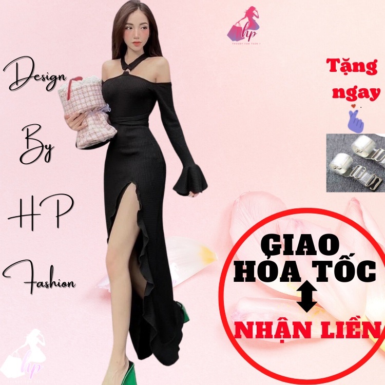 Đầm body xẻ tà, váy yếm dáng dài tay dài loa thun gân xịn co giãn- VD302
