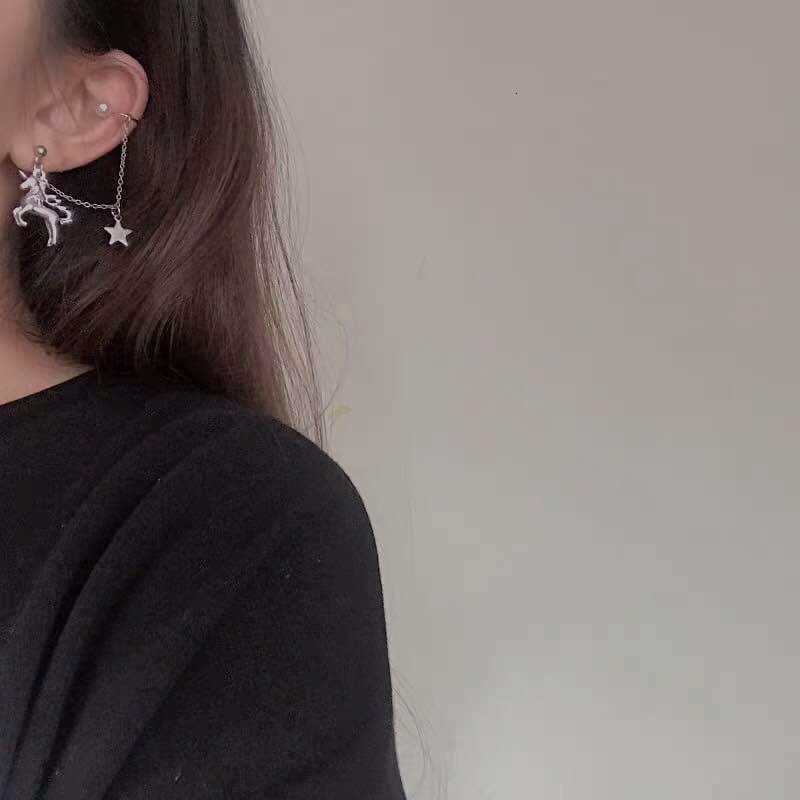 Bông tai dáng dài kèm khuyên xỏ tai với mặt hình Kỳ Lân phong cách Hàn Quốc thời trang cho nữ