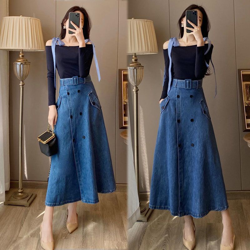 Chân Váy Denim Chữ a Lưng Cao Phong Cách Retro