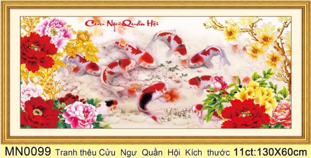 Tranh thêu cửu ngư quần hội cá chép hoa mẫu đơn khổ 180x80 cm | BigBuy360 - bigbuy360.vn