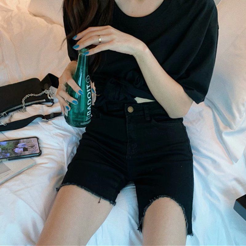 Quần short denim lưng cao ống suông phối rách thời trang mùa hè dành cho nữ