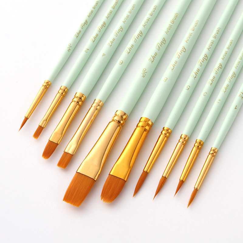Artist Nylon Paint Brush 10 pcs Professional Watercolor Acrylic Wooden Handle Painting Brushes Art Stationery