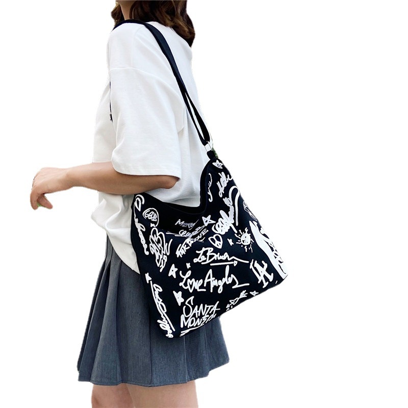 Túi Xách Canvas Sức Chứa Lớn Họa Tiết Graffiti Thời Trang Cho Nữ
