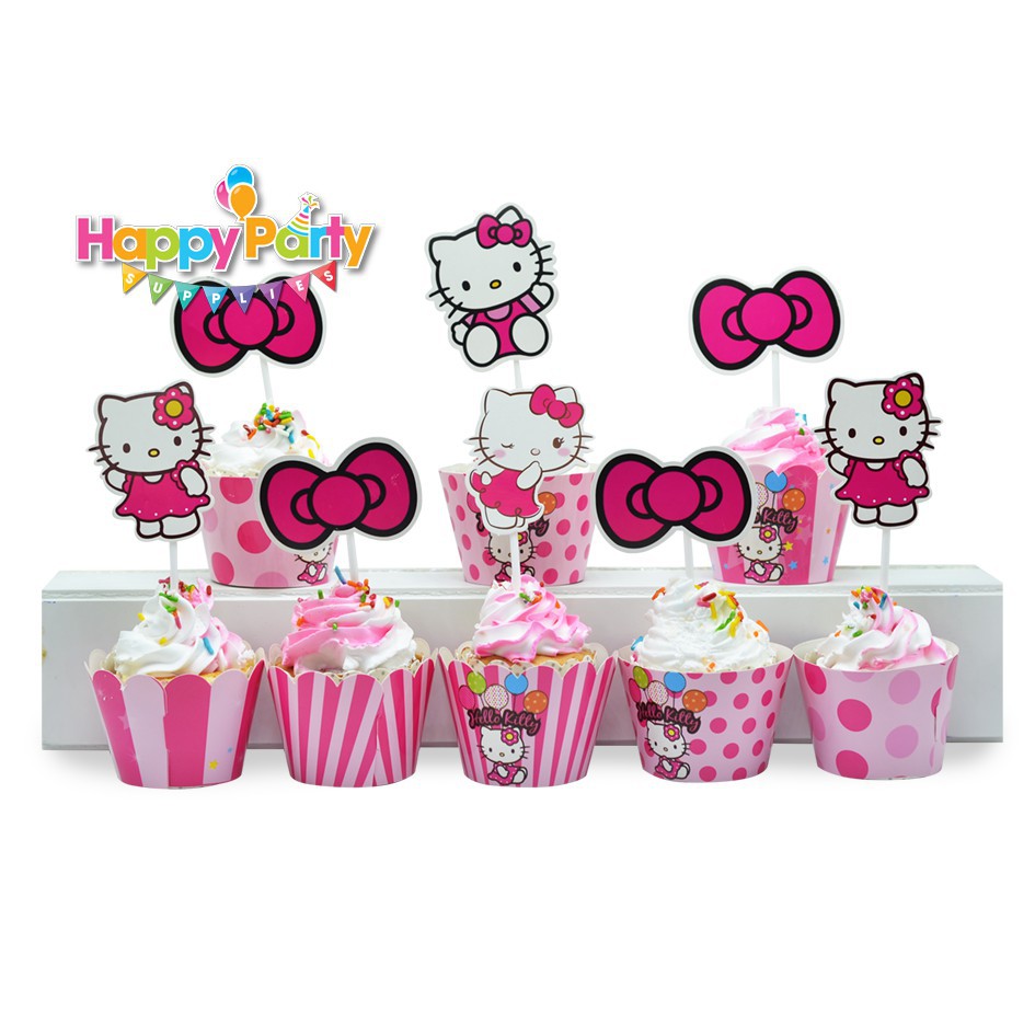 Set trang trí sinh nhật bé gái Bộ phụ kiện chủ đề Kitty mini - mega - Happy birthday thôi nôi cho bé