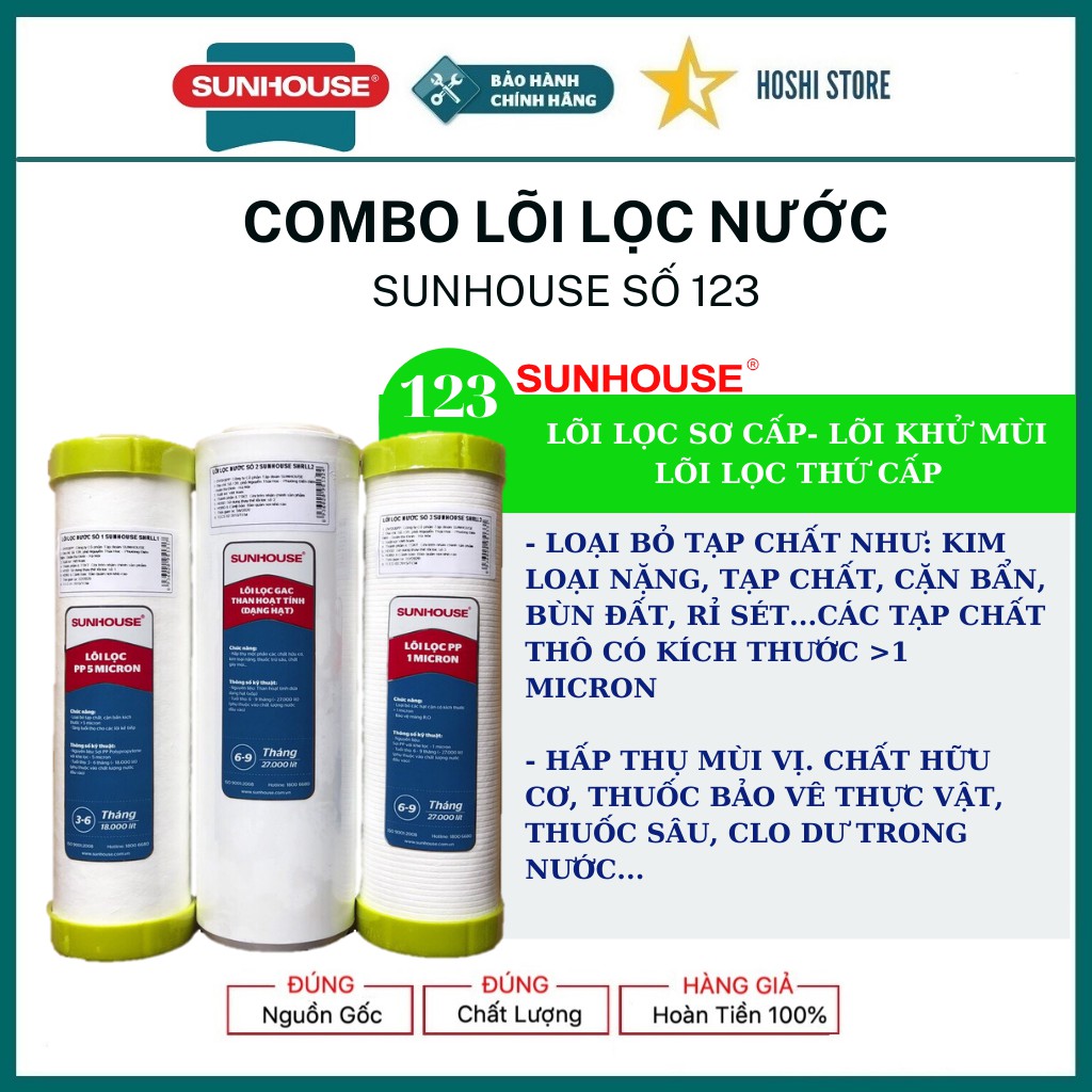 Bộ 3 lõi Lọc nước số 1,2,3 Sunhouse, lọc kim loại nặng, tạp chất, vi khuẩn