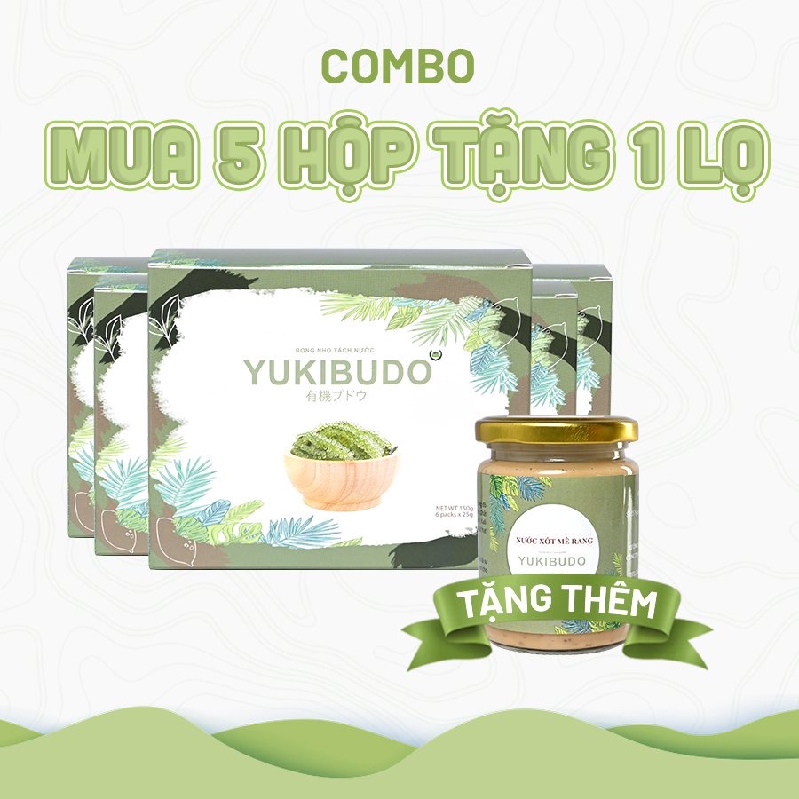 Combo 5 Hộp Rong Nho Yukibudo - Rong Nho Tách Nước Nha Trang Khánh Hoa + 1 Lọ Xốt Mè Rang 300 Ml