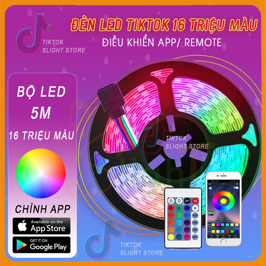 Dây Đèn LED Bluetooth Đổi Màu RGB 16 Triệu Màu, Điều Khiển Bằng Remote Và App Điện Thoại