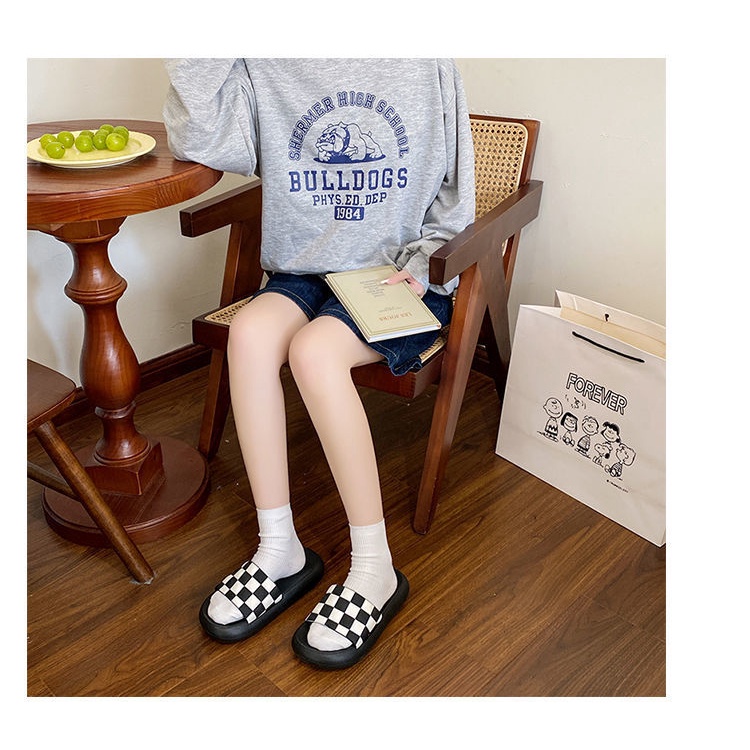 Dép lê nữ quai ngang đế bánh mì ô vuông đan ô siêu nhẹ siêu bền Unisex chống trơn trượt