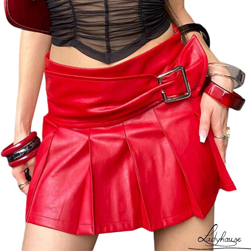 Chân Váy Ngắn Xếp Ly Bằng Da Màu Trơn Thời Trang Cho Nữ Đen