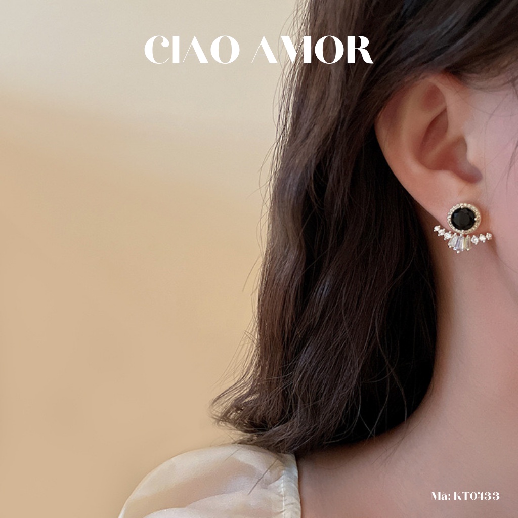 KT0433-Khuyên tai nữ, Bông tai nữ bạc 925 hạt đen đính hai cạnh đá lấp lánh sang trọng