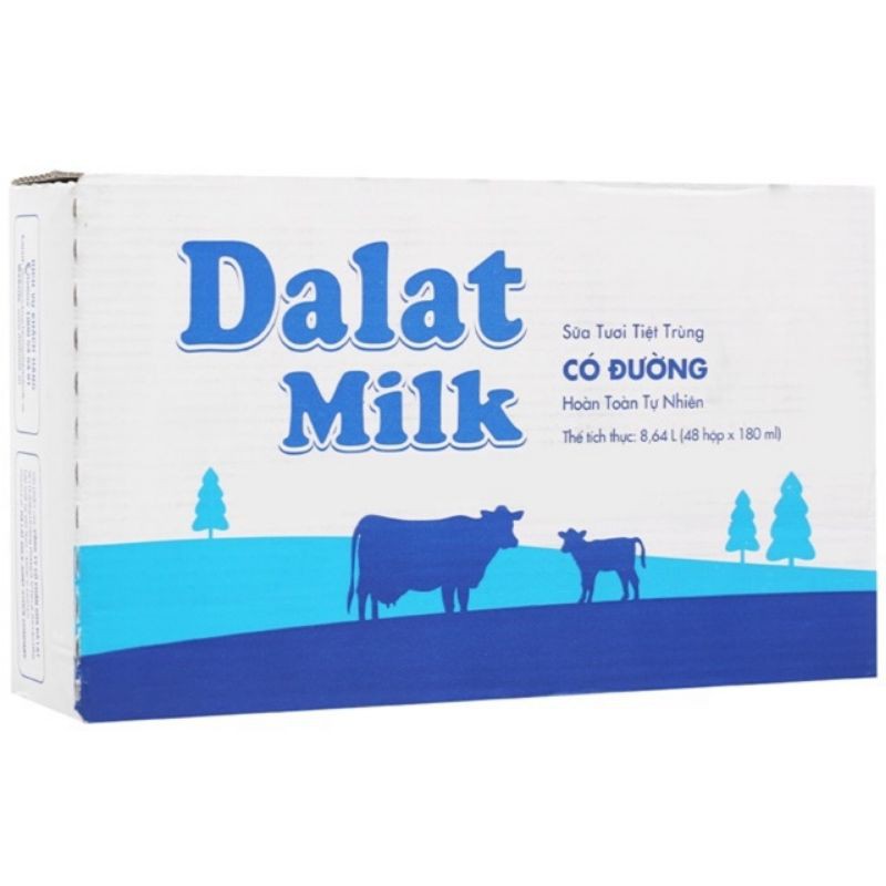 Thùng 12 lốc Dalatmilk có đường, ít đường hộp 180ml