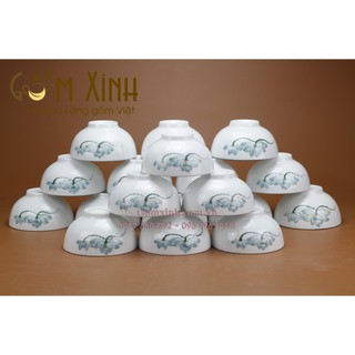 Bát ăn cơm Bát Tràng_Bộ chén ăn cơm men trắng hoa sen vẽ tay