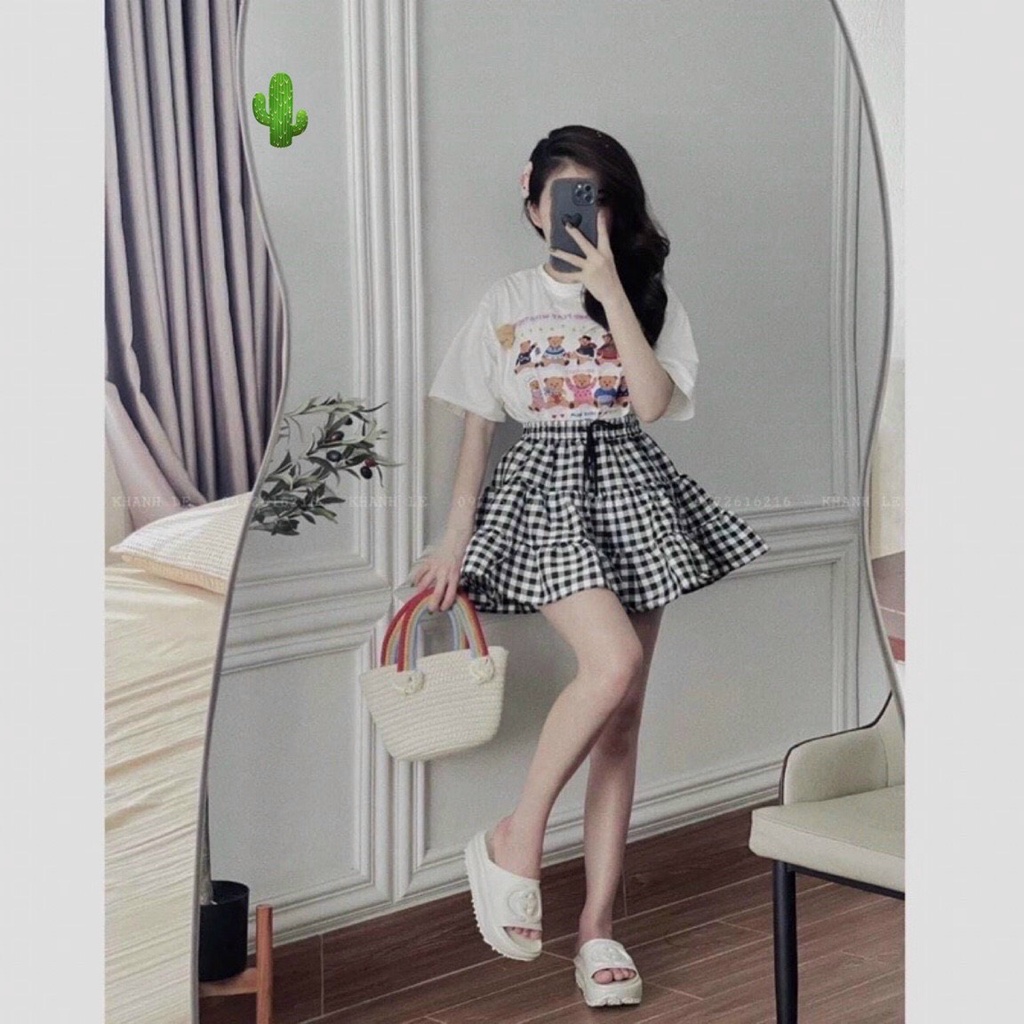 Set áo thun nữ form rộng thêu hình gấu kèm chân váy chữ A ngắn