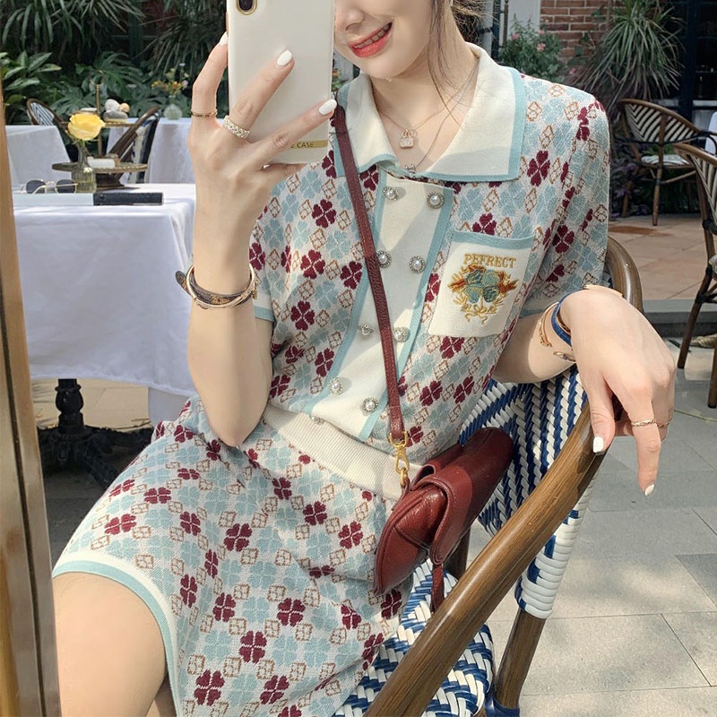 Set Áo Dệt Kim Phối Chân Váy Dệt Kim Hai Hàng Nút Thời Trang Mùa Hè Tinh Tế