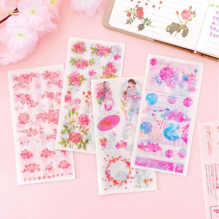 Set 6 Tấm Sticker Dán Vở, Sổ Tay Cô Nhiều Mẫu Chữ, Hoa Lá, Tem, Cô Gái