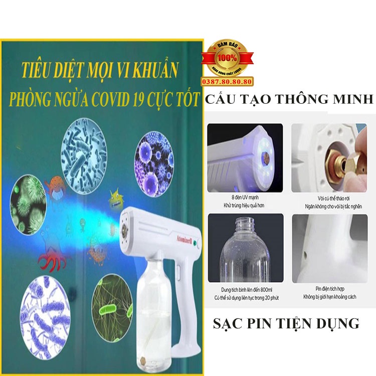 Súng phun khử khuẩn nano/ Máy xịt khử khuẩn cầm tay tia uv chống dịch, phun sương, diệt khuẩn 8 đèn led Atomizer 800ml