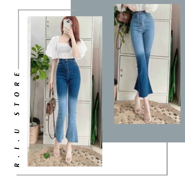 Quần jean ống loe loang màu 9 tấc lưng cao, quần bò nữ ống loe cạp cao dáng lửng