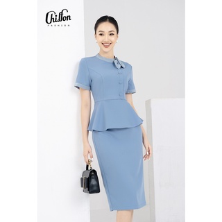 Set vest ký giả peplum cổ nơ lệch, đồ công sở nữ đẹp thiết kế by Chiffon