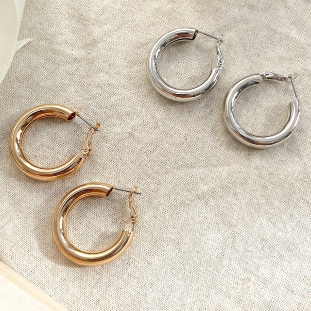 Bông tai Hàn quốc✨Hoop earrings vintage Âu Mỹ, khuyên tròn basic mạ vàng bản 2,5cm