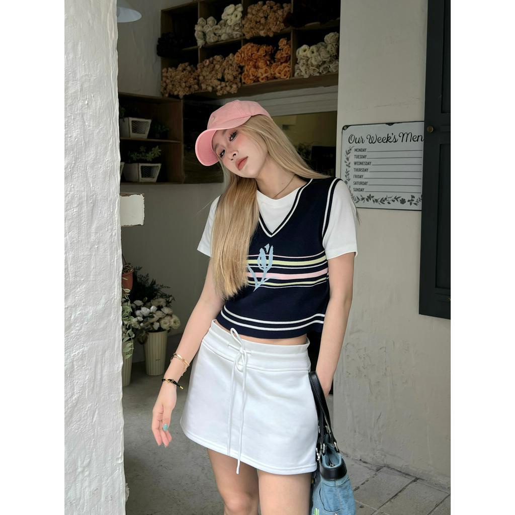 QKOOLE Áo Thun Ngắn Tay Giả Hai Lớp Phong Cách Preppy Cho Nữ