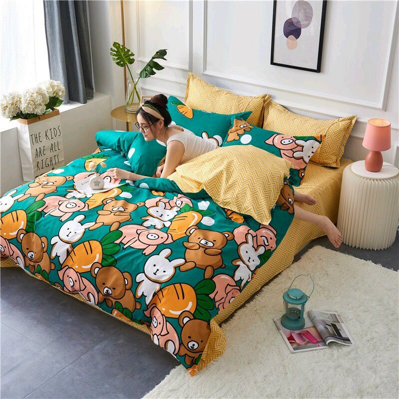 Bộ chăn ga gối drap giường chất cotton poly họa tiết lợn gấu thỏ carot