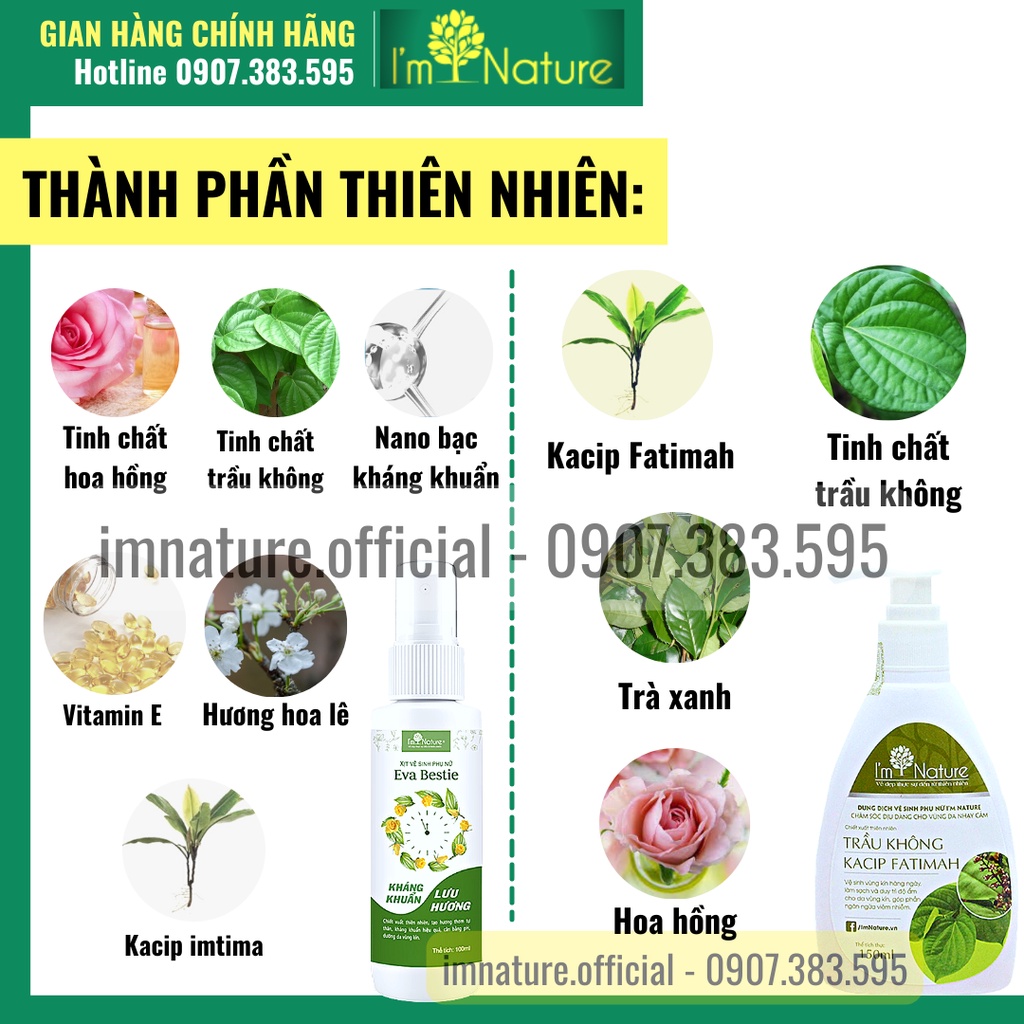 Combo Dung Dịch Vệ Sinh Trầu Không I'm Nature &amp; Xịt Khử Mùi Vùng Kín Eva Bestie 100ml