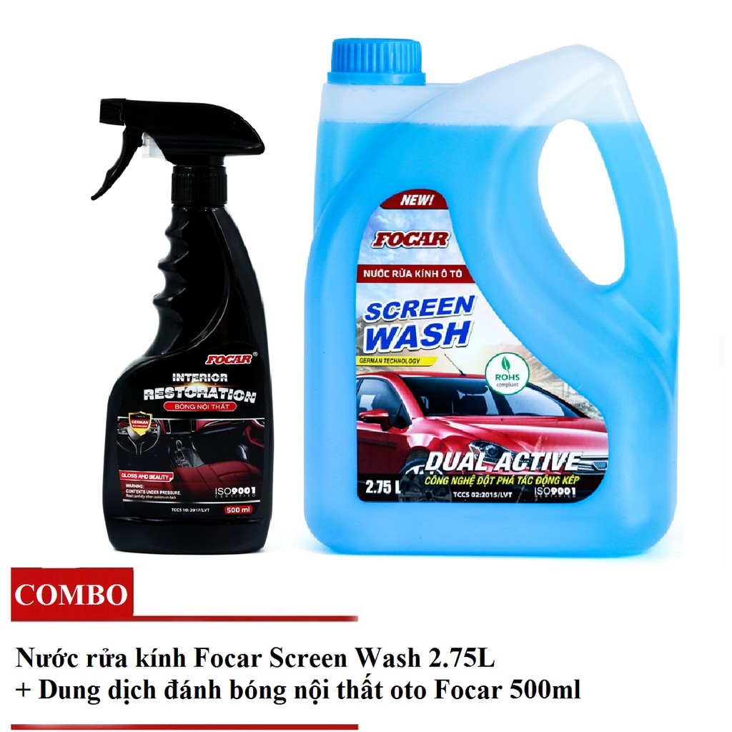 Bộ 2 sản phẩm Nước rửa kính Focar Screen Wash 2.75L + Đánh bóng nội thất ô tô Focar Interior Restoration 500ml