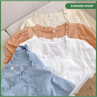Áo kiểu nữ áo kiểu cổ vuông viền bèo tiểu thư xonxen shop quy nhơn freesize mã 3357