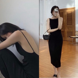 [Ảnh thật] Đầm phi đen 2 dây body cổ thuyền hở lưng